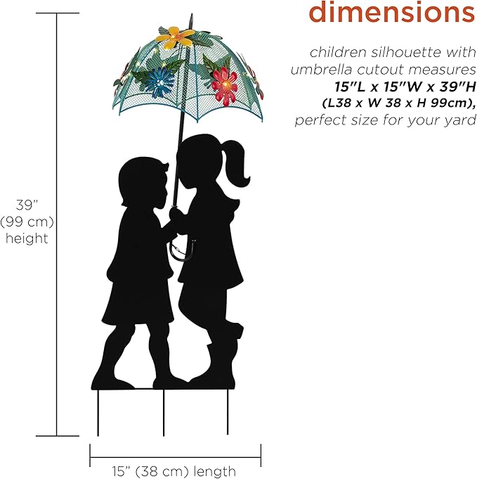Alpine Corporation 39" Tall Outdoor Solar Powered LED Lights Girl and Boy Silhouette with Umbrella Yard Statue