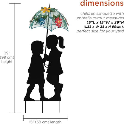 Alpine Corporation 39" Tall Outdoor Solar Powered LED Lights Girl and Boy Silhouette with Umbrella Yard Statue