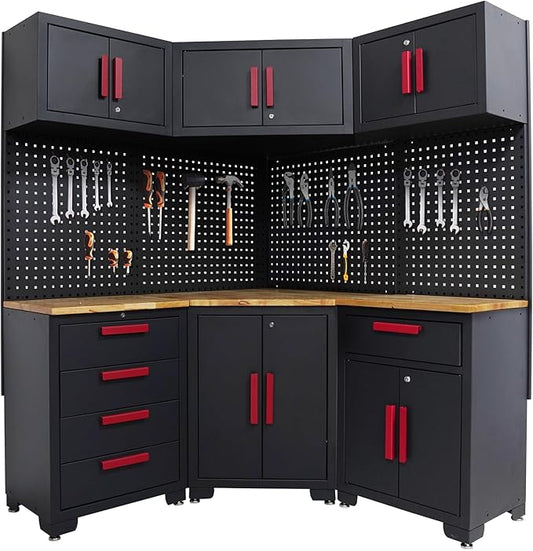 Red Garage Cabinet Storage System 10-Pcs Corner Workshop Set Garage Cabinet and Storage System for Tool Organization