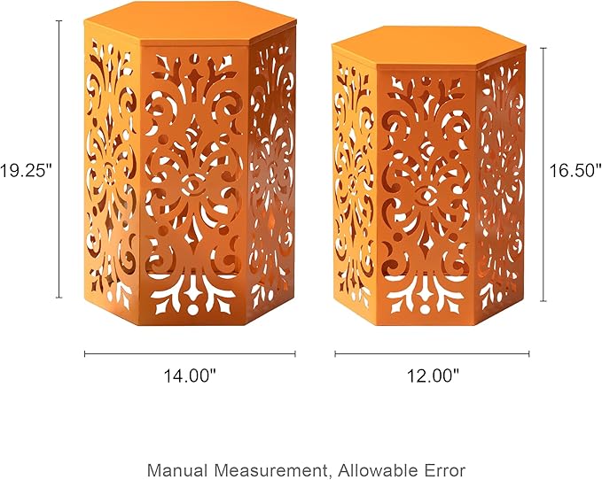 Glitzhome Outdoor Side Tables Set of 2 Decorative Garden Stools,Heavy Duty Metal Cutout Floral Pattern Hexagonal Modern End Table Plant Stand Accent Table, Orange