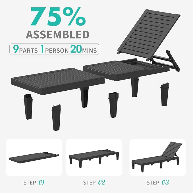 Outdoor Chaise Lounge Chairs Set of 6, 5-Position Adjustable Tanning Lounge Chairs with Wood Texture, All-Weather Resin Patio Lounge Chair for Pool, Garden, Deck, Beach, Striped Black