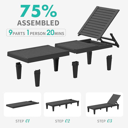 Outdoor Chaise Lounge Chairs Set of 6, 5-Position Adjustable Tanning Lounge Chairs with Wood Texture, All-Weather Resin Patio Lounge Chair for Pool, Garden, Deck, Beach, Striped Black