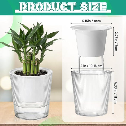 6 Pack Self Watering Pots for Indoor Plants Plastic Vertical Ribbed Semi Transparent Planters, Dual Layer Reservoir for Indoor Succulents Herbs Pothos(Clear, White,4 x 4.3 Inch)