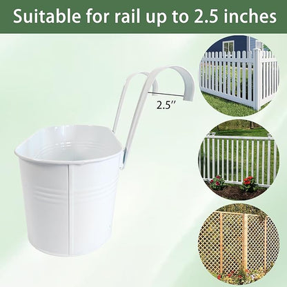 12" Balcony Railing Planters, Outdoor Hanging Planter for Fence, Stylish Metal Porch Deck Flower Pot for Herbs & Succulents (White, Pack of 8)