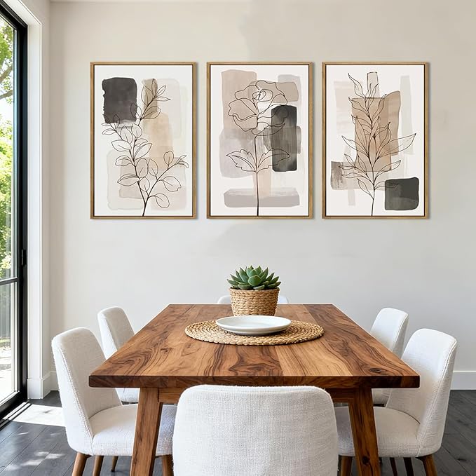 Anyzal Large Framed Neutral Floral Wall Art 16x24 Inch Tan Modern botanical Canvas Wall Decor Minimalist Black Flower Prints for Living room Bedroom Dining room Set of 3
