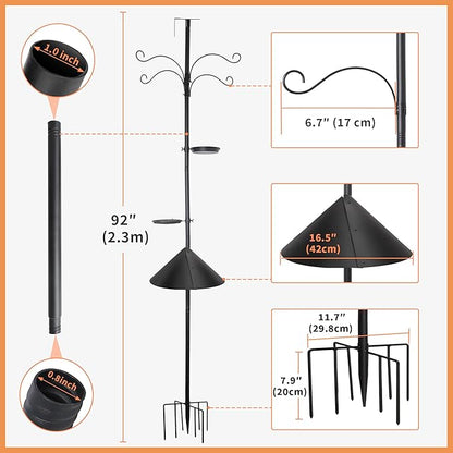 eWonLife 92 Inch Squirrel Proof Bird Feeder Pole with 9 Prongs Base, 1 Inch Dia Bird House Pole, Heavy Duty Bird Feeder Stand, Adjustable Shepherds Hooks for Outdoor with Squirrel Baffle Birdbath Tray