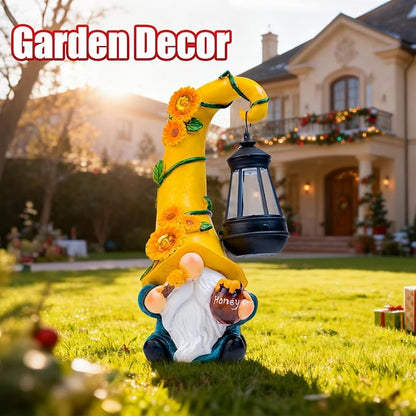 for Mom Grandma Woman 12" Solar Sunflower Gnome Garden Statues Honey Bee Jar Decor with LED Lantern Outdoor Birthday Gnomes Decorations Patio Yard Balcony Art