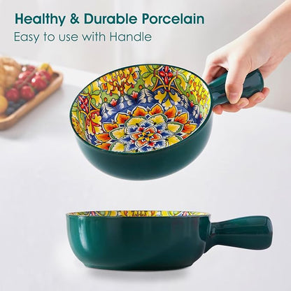 vancasso Boho 23 Oz French Onion Soup Bowls with Handles, Ceramic, Set of 4 | Bohemian ceramic soup crocks with handles,Microwave & dishwasher safe,6.2 inch, 23 oz, For cereal, pasta, stew & chili