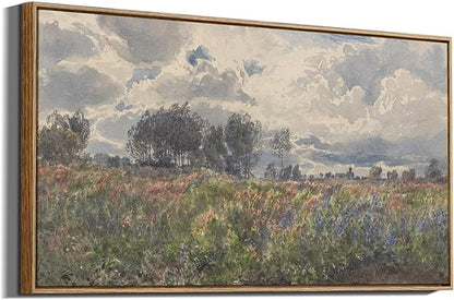InSimSea Extra Large Framed Vintage Wall Art, Living Room Farmhouse Decor, Watercolor Flower Sky Field Landscape Paintings Canvas Prints, Scenery Long Picture for Bedroom Above of Bed,20x40inch