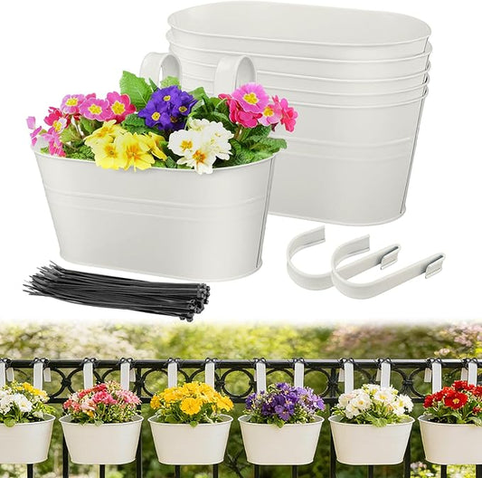 MADHOLLY Railing Planter with Drainage Holes - 6Pcs Sturdy Bucket Pots for Railing Fence, Countryside Style Metal Flower Pots for Herbs Balcony Garden Yard Decor, White