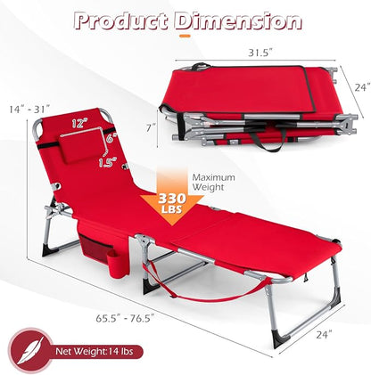 GYMAX Tanning Chair, 3 in 1 Sun Bathing Lounge Chairs with Face/Arm Holes & Side Pocket, Portable Lightweight Face Down Layout Tanning Chair for Outside, Beach, Backyard, Poolside (1, Red)