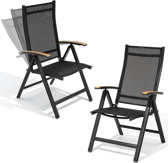 Crestlive Products Folding Patio Chairs Set of 2, 8-Level Adjustable Outdoor Recliner Chairs with Teak Armrest Aluminium Frame for Pool, Backyard, Black