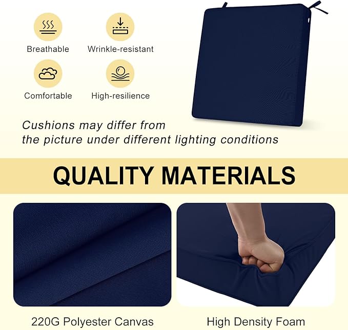 downluxe Waterproof Outdoor Chair Cushions for Patio Furniture, 19" x 19" x 2" Patio Chair Cushion with Adjustable Ties & Portable Handle, Square Outdoor Cushion with Removable Cover, Navy, 2 Pack