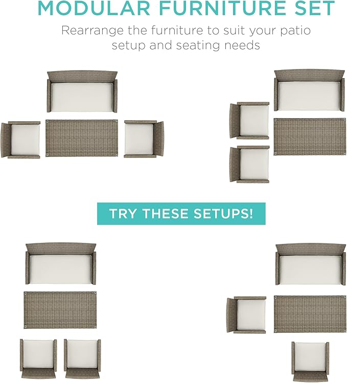 Best Choice Products 4-Piece Outdoor Wicker Patio Conversation Furniture Set for Backyard w/Coffee Table, Seat Cushions - Taupe/White Sand