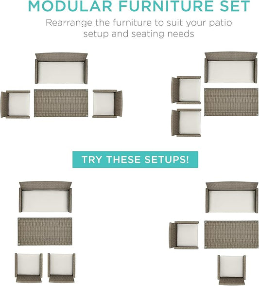 Best Choice Products 4-Piece Outdoor Wicker Patio Conversation Furniture Set for Backyard w/Coffee Table, Seat Cushions - Taupe/White Sand