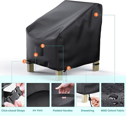Patio Chair Covers for Outdoor Furniture Waterproof 2 Pack, Lawn Chair Covers 600D Heavy Duty Oxford Cloth, Large Covers for Lounge Lawn Deep Seat Black 37"W×40"D×30"H