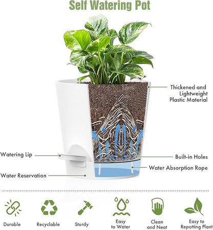 WSMKSZ 4 inch Self Watering Pots for Indoor Outdoor Plants, 6 Pack Plastic Flower Planters with Drainage Holes and Removable Saucers, Plant Pots with Wicking Rope, Modern Decor, White
