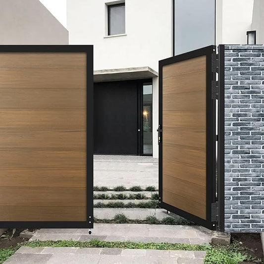 Wood Plastic Privacy Double Double Fence Gate 6ft(H) x 8ft(W), Metal Frame with Knob Kits, Durable Composite Outdoor Gate,Brown