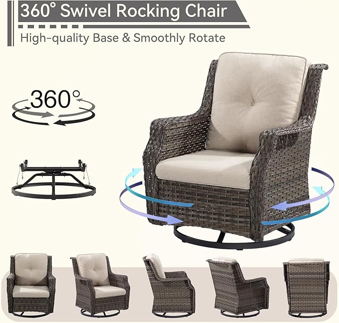 5 Piece Patio Furniture Wicker Conversation Set, 2 Swivel Chairs, 2 Ottomans with 1 Side Table, for Outdoors, Backyard, Deck, Beige