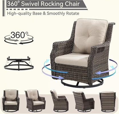 5 Piece Patio Furniture Wicker Conversation Set, 2 Swivel Chairs, 2 Ottomans with 1 Side Table, for Outdoors, Backyard, Deck, Beige