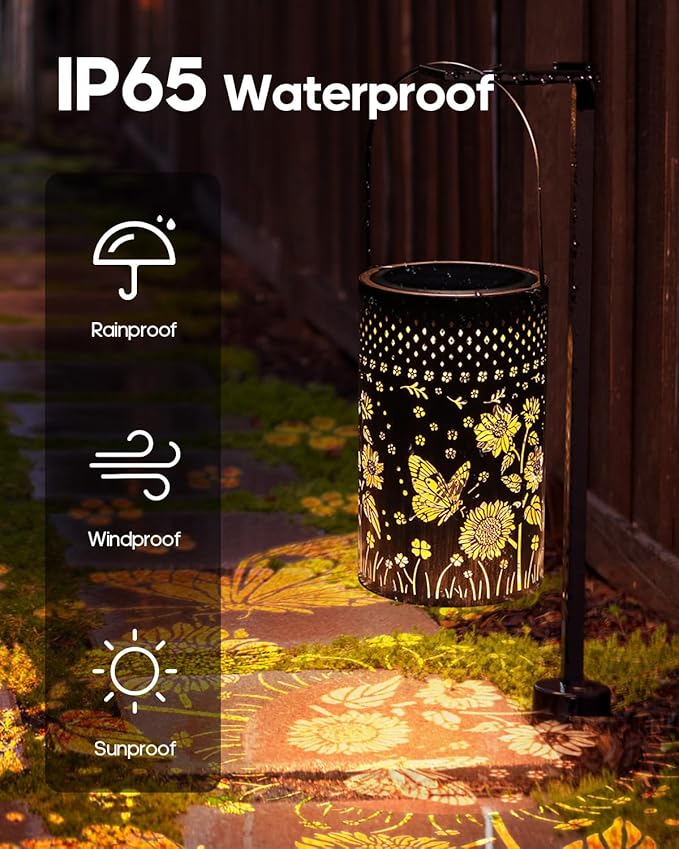Solar Lanterns Outdoor Butterfly Waterproof Christmas Gifts Sunflower Garden Decor, Best Gifts for Mom Women Grandmom, Hanging Metal Lantern Lights for Patio, Pathway, Yard, Landscape, Lawn
