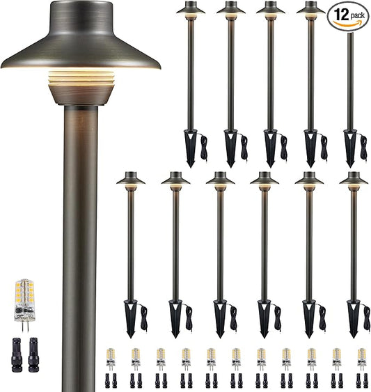 Gardenreet Waterproof Low Voltage Walkway Lights, Brass Outdoor Pathway Light, IP65 LED Bronze Mini Shade Sideway Lamp for Driveway Backyard Patio with 3W 270LM 4000K G4 Bulb 12 Pack