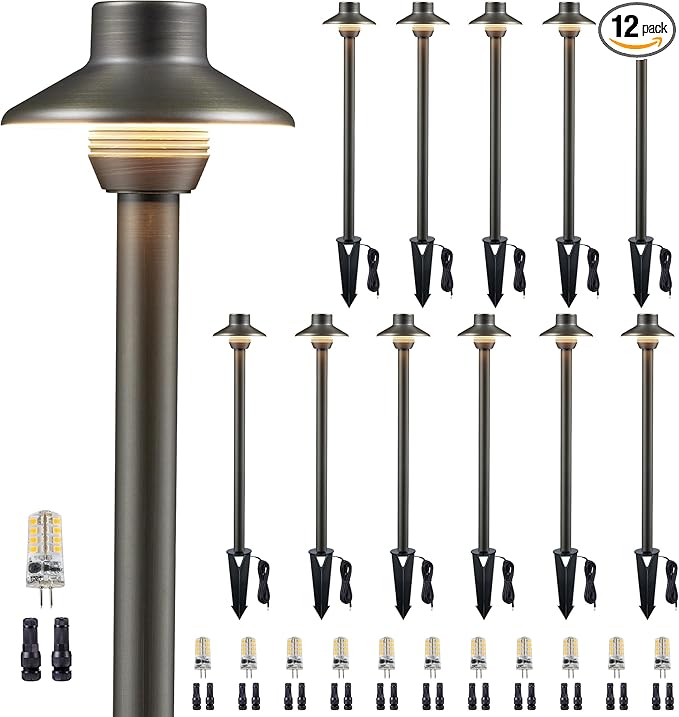 Gardenreet Brass Low Voltage Landscape Path Lights, Wired Pathway Lights, Outside IP65 LED Bronze Mini Shade Driveway Lights for Backyard Garden House with 3W 270LM 5000K G4 Bulb 12 Pack
