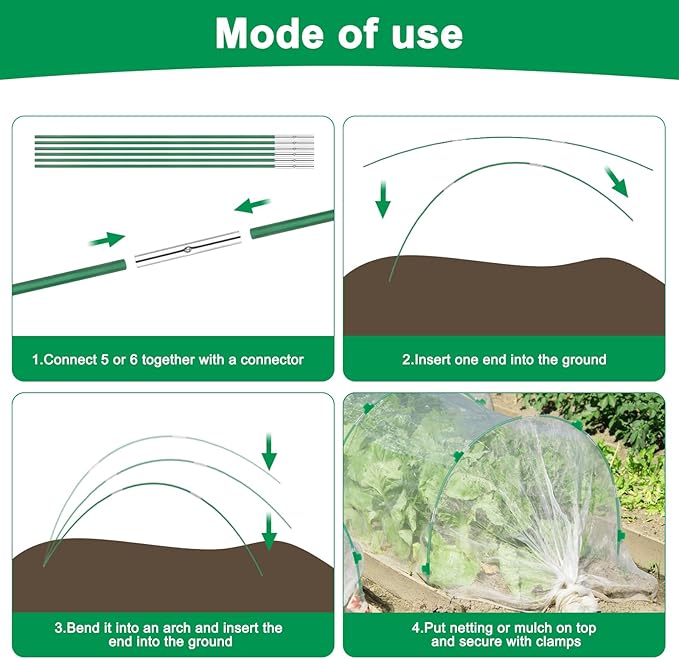 Garden Hoops for Raised Beds, Splinter-Free Fiberglass Greenhouse Hoops Grow Tunnel, 36 Pcs Adjustable Frame for Row Cover & Bird Netting, Rust-Proof DIY Outdoor Plant Stakes