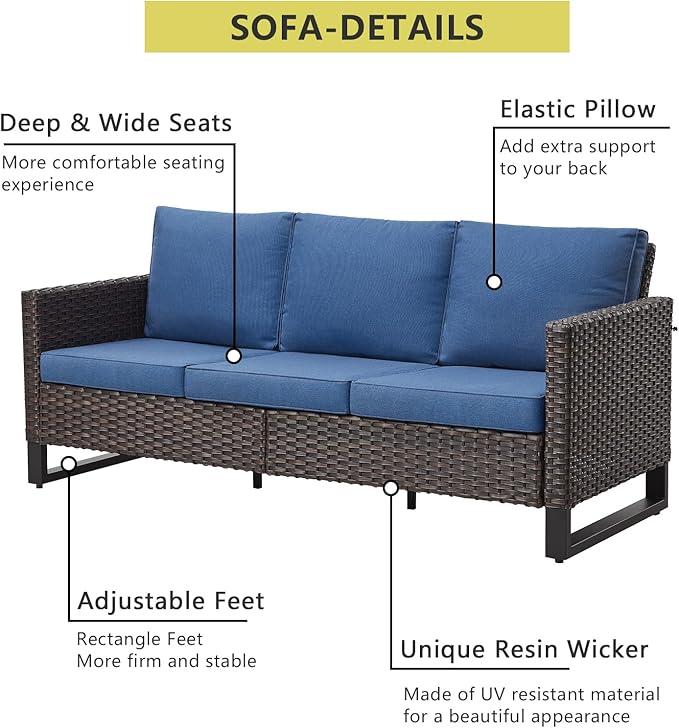 HUMMUH 8 Piece Patio Furniture Set Outdoor Sectional Sofa,High Back Patio Swivel Rocker Chairs with Ottomans Coffee Table for Porch,Garden,Backyard(Brown/Blue)