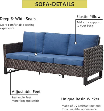 HUMMUH 8 Piece Patio Furniture Set Outdoor Sectional Sofa,High Back Patio Swivel Rocker Chairs with Ottomans Coffee Table for Porch,Garden,Backyard(Brown/Blue)
