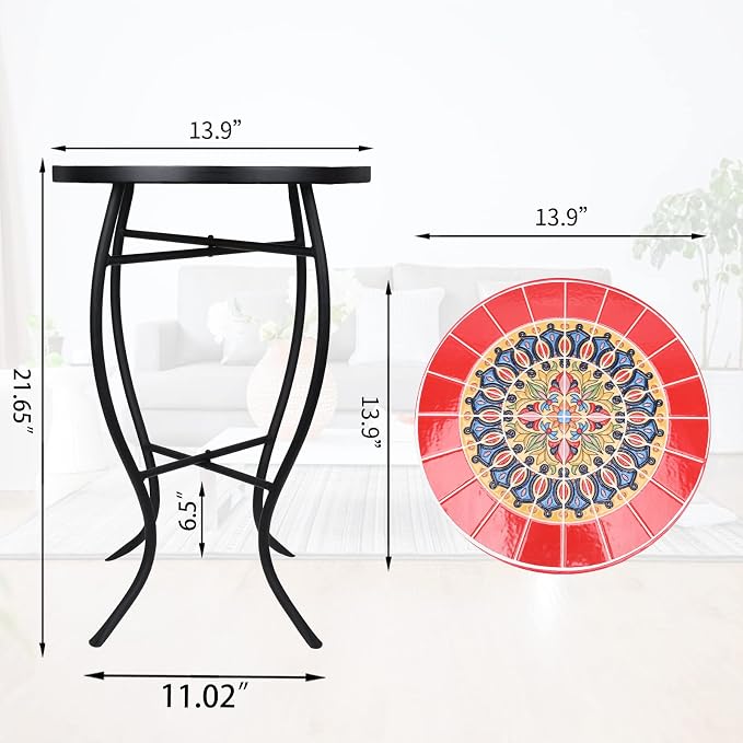 VCUTEKA Mosaic Outdoor Side Table, 14" Round Small Patio Accent Table Indoor End Table for Yard, Garden, Living Room, Bistro Balcony or Lawn Red