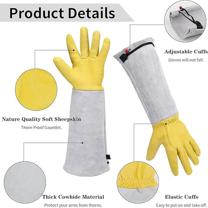 Gardening Gloves for Women/Men, Rose Pruning Thorn-Proof Long Leather Garden Gloves with Adjustable Cuff, Ladies Light Protective Glove for Yard & Outdoor Work