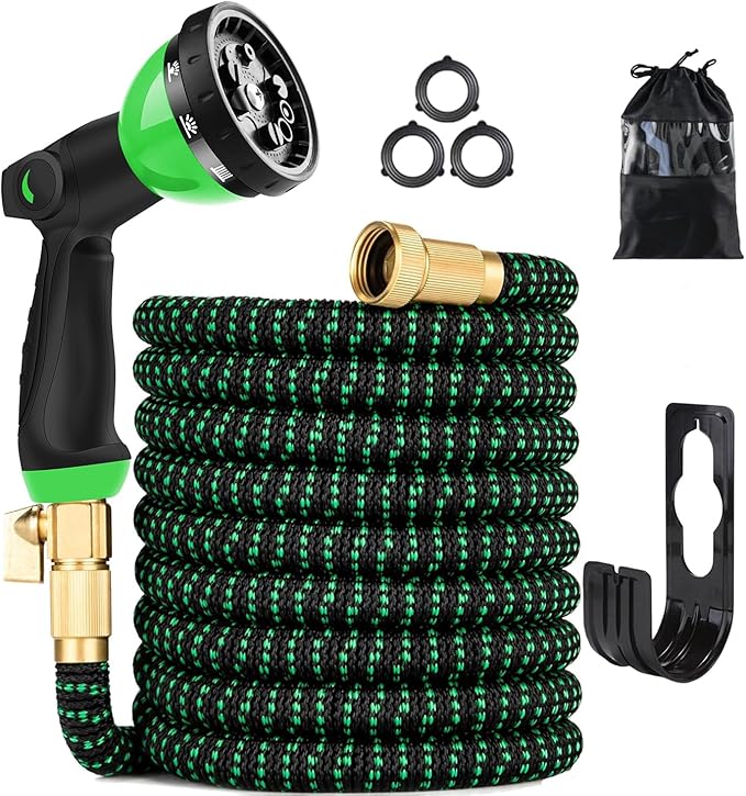 100 ft Expandable Garden Hose - Kink Free Flexible Water Hose with Thumb-Controlled 10-Function Nozzle, 3/4 Solid Brass Connectors, Retractable Latex Core - Lightweight Expanding Hose