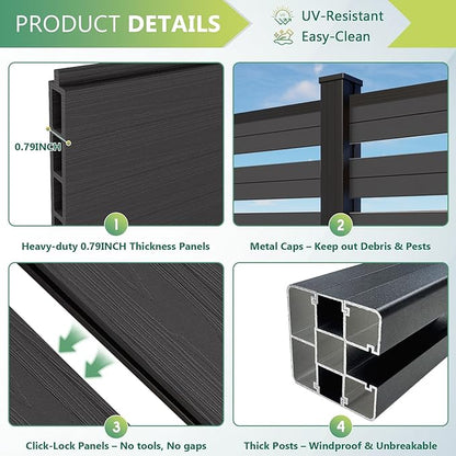 Mondaria Semi-Closed Privacy Fence Panels with 2 Posts for Outside, 6ft(W) x 6ft(H), Wind Resistant Wood Plastic Composite Fencing Panels for Patio, Backyard, Garden and Pool, Sliver Gray
