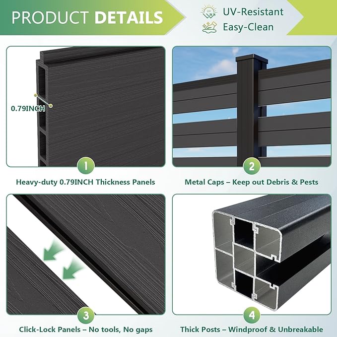 Mondaria Semi-Closed Privacy Fence Panels with 1 Post for Outside, 6ft(W) x 6ft(H), Wind Resistant Wood Plastic Composite Fencing Panels for Patio, Backyard, Garden and Pool, Silver Gray