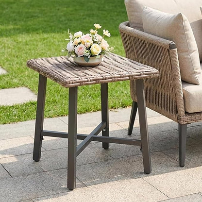 Rattan Side Table for Outdoor, Small Patio Table & Balcony End Table with Handwoven Wicker Design, Compact Square Accent Table for Porch Garden Deck