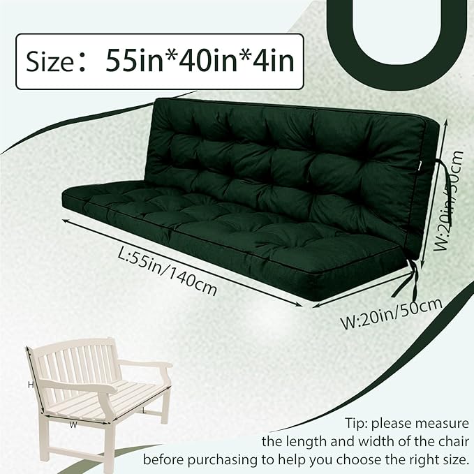 2/3 Seater Swing Replacement Cushion, Waterproof Porch Swing Cushions with Backrest, Thickened Bench Cushions for Outdoor Furniture, for Outdoor Patio Swing (Dark Green, 55 * 40in)