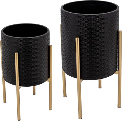 Set of 2 Metal Decorative Planter Pot with Gold Stand – Outdoor & Indoor Plant Pot with Embossed Textured Finish – Modern Garden & Home Decor Iron Planters – 23" & 19", Black