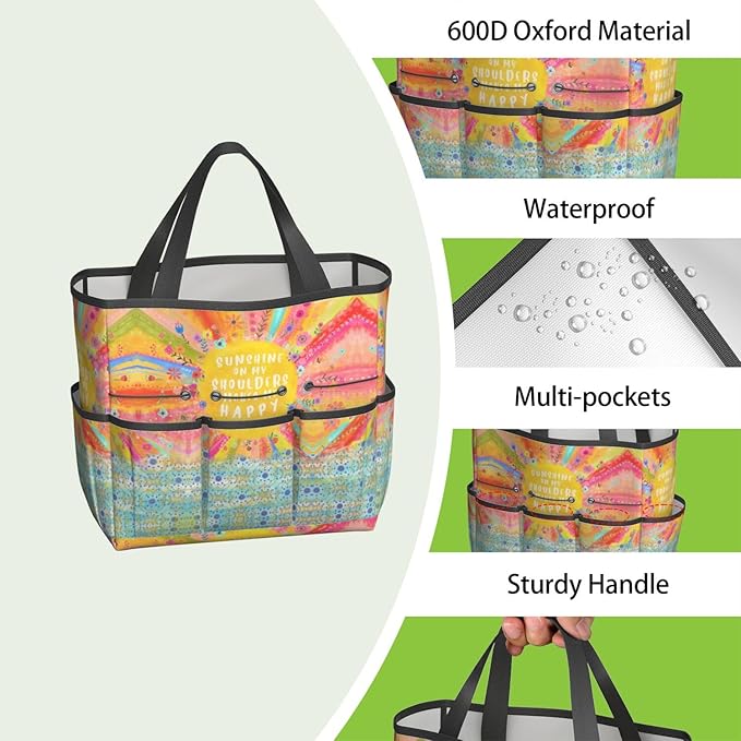 Boho Garden Tool Bag - Waterproof Floral Garden Tote with 8 Pockets, Large Storage Home Organizer Gardening Tool Oxford Bag for Garden Tools Kits Holder, Ideal Outdoor Gardening Gift for Women & Men