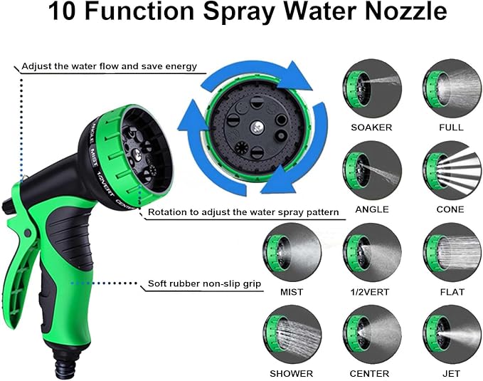 Non-Expandable Garden Hose 50FT, Heavy-Duty Flexible Water Hose, No-Kink Design with 10-Pattern Spray Nozzle, Solid Brass Connectors, Leak-Proof, Includes Hose Hanger & Extra Washers (150FT)