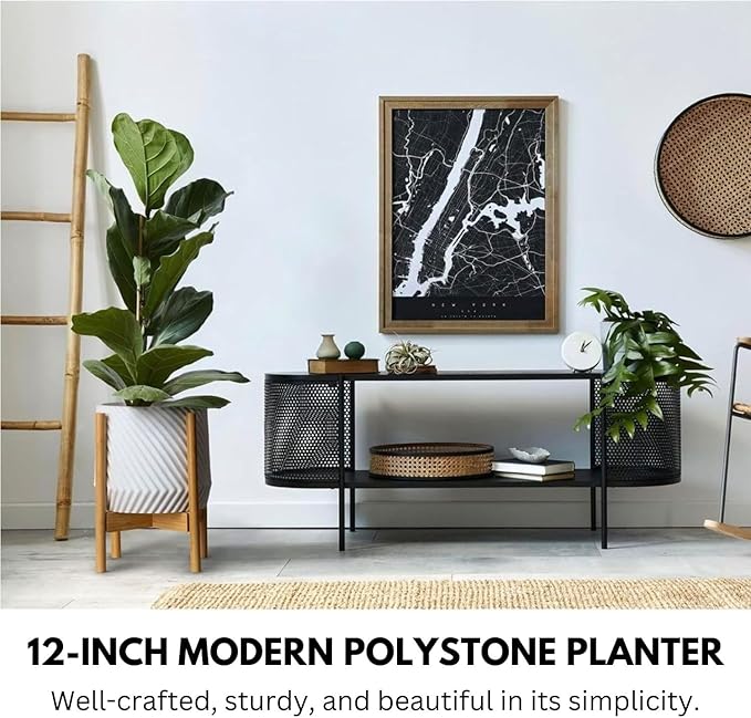 Fox & Fern Large 12 Inch Planter with Drainage Plug — Premium Polystone White Plant Pot - Modern Planter with 3D Texture and Ceramic Finish - 12 Inch Pots for Plants Indoor & Outdoor