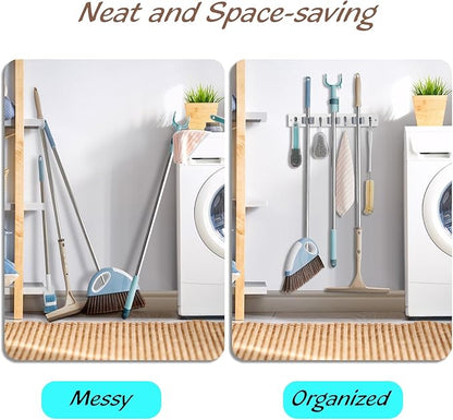 OUTNILI White Mop Broom Holder Wall Mount with 3 Slots & 4 Hooks - Wood Broom Mop Hanger for Pantry Kitchen Organization - Garden Tool Organizer for Closet Laundry Room