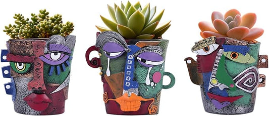 Mini Abstract Face Planter – Small Picasso-Inspired Resin Planter for Succulents, Cacti & Small Plants, Whimsical Decorative Head Planter for Indoor & Outdoor Garden