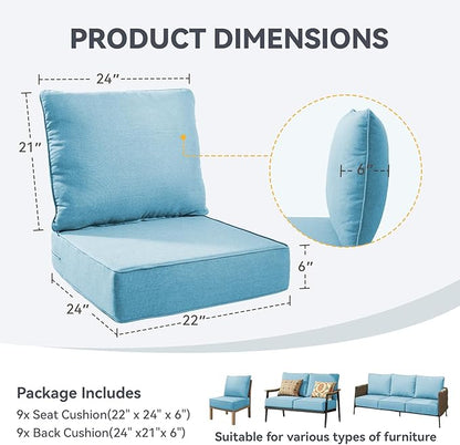 Outdoor Cushion Set for Furniture Patio Furniture, UV Resistant, Water Resistant - 6 Inch Thick Foam Garden Cushions – 22x24 Inch Patio Seat Covers for Chair/Sofa/Couch | Light Blue | 9-Pack |