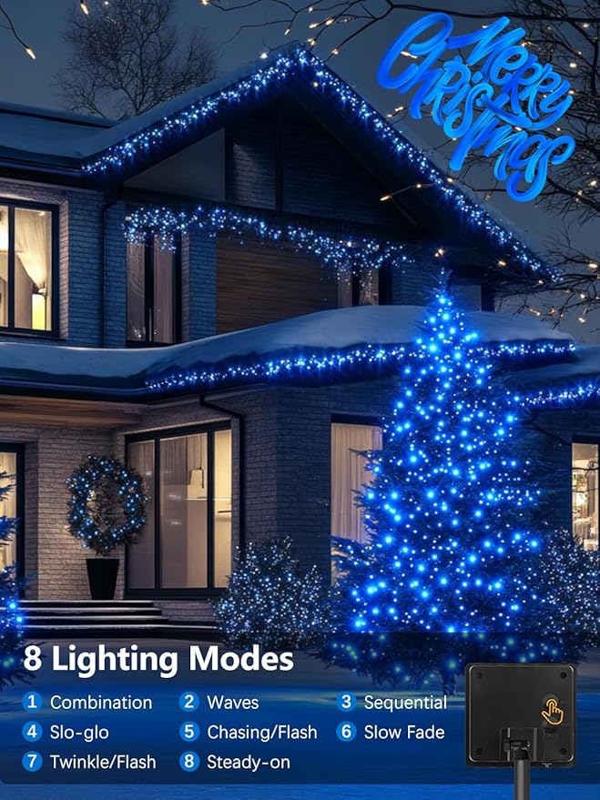 4 Pack Solar Christmas Lights Outdoor Waterproof, 132FT 400LED Solar String Lights Green Wire Fairy Lights, Solar Twinkle Lights with 8 Lighting Modes for Xmas Garden Decorations (Blue)