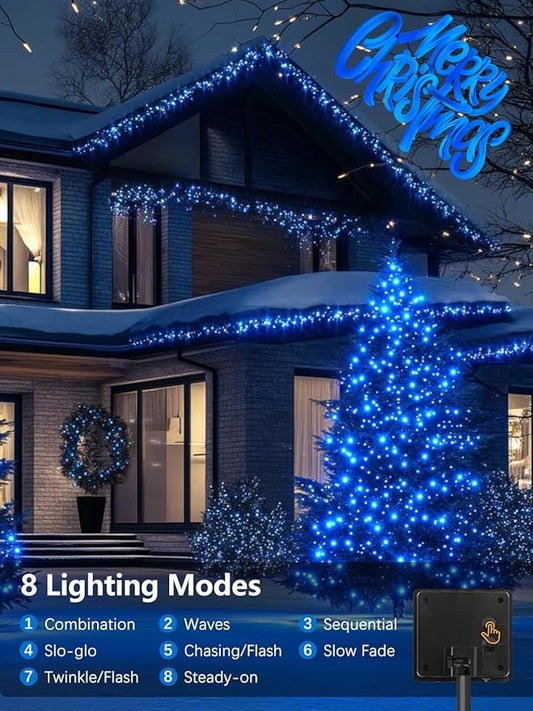 4 Pack Solar Christmas Lights Outdoor Waterproof, 132FT 400LED Solar String Lights Green Wire Fairy Lights, Solar Twinkle Lights with 8 Lighting Modes for Xmas Garden Decorations (Blue)
