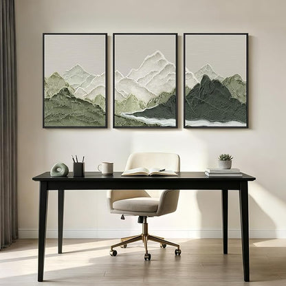 Framed Green Abstract Mountain Wall Art for Living Room, 3 Piece Large Landscape Prints Canvas Artwork for Walls, Modern Minimalist Scenic Pictures Hallway Dining Room Home Office Wall Decor, 24x36 In
