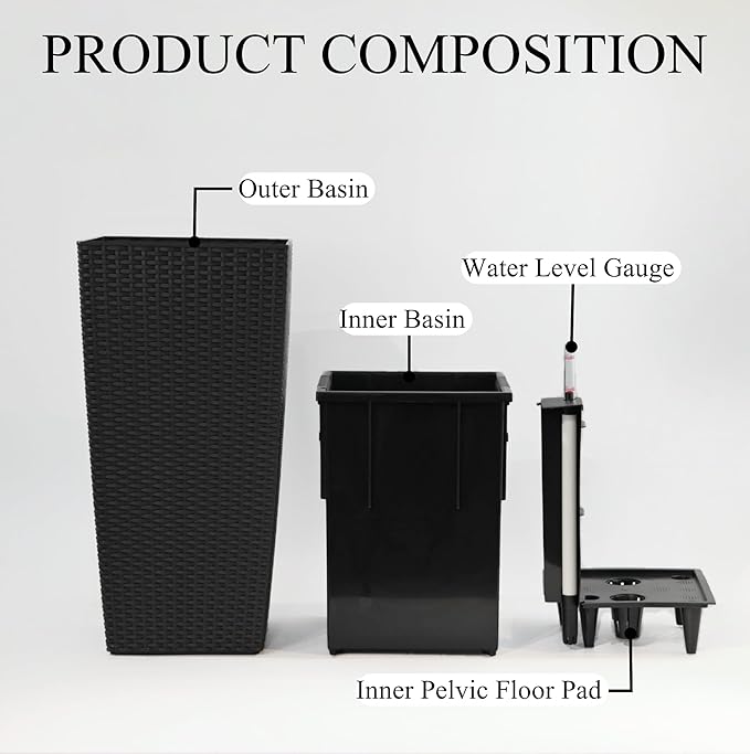 23in Tall Planter Set of 2, Large Self Watering Pots for Indoor/Outdoor Plants with Drain Holes, Water Level Monitor, Inner Bucket for Front Porch Patio, Black Rattan