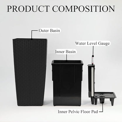 23in Tall Planter Set of 2, Large Self Watering Pots for Indoor/Outdoor Plants with Drain Holes, Water Level Monitor, Inner Bucket for Front Porch Patio, Black Rattan