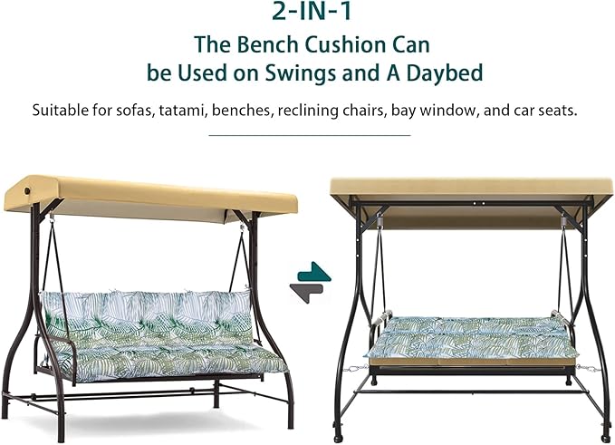 Swing Replacement Seat Cushions, 2-3 Seater Bench Cushions for Outdoor Furnitur with Backrest, Garden Recliner Seat Cushions Waterproof Sofa Pads (Green Leaves, 60x40in)
